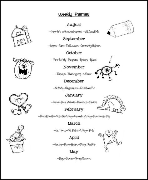 Investigator Club Preschool Curriculum, Prek Weekly Themes, Monthly Art Themes, Theme Daycare Ideas, Infant Themes Daycare, Themes For Infant Classroom, Kindergarten Weekly Themes, Pre K Themes By Month, Daycare Weekly Themes