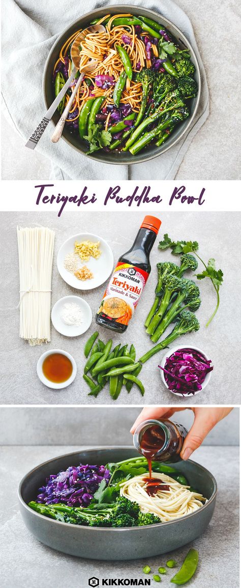 Teriyaki Buddha Bowl | Bowls are all the rage nowadays, and it’s easy to see why when you taste the delicious flavors of this one. Chock-full of veggies, ginger, garlic, and a tasty dash of Kikkoman®️ Teriyaki Marinade and Sauce, this meal is ready in 24 minutes and makes a healthy dinner or light lunch! For more good intention recipes for the new year, explore the recipe database at KikkomanUSA.com. #Kikkoman #buddhabowl #bowls #salad #easyrecipe #healthy Veggie Main Dishes, Teriyaki Bowl, Buddha Bowls Recipe, Vegan Noodles, Teriyaki Marinade, Grilled Pork Tenderloin, Rice Bowls Recipes, Healthy Recipies, Buddha Bowl