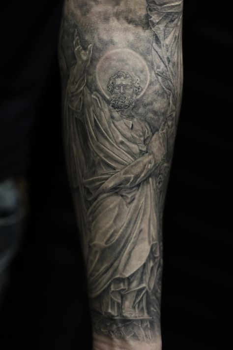 st petros(peter) statue tattoo Saint Peter Tattoo, St Peter Tattoo, St Christopher Tattoo, Peter Tattoo, Statue Tattoo, Half Sleeve Tattoos For Guys, Saint Peter, Saint Christopher, St Peter