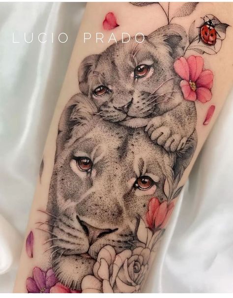 Mother Son Lion Tattoo, Fierce Lioness Tattoo For Women, Lion Family Tattoo, Lioness And Cub Tattoo, Larkspur Tattoo, Cubs Tattoo, Floral Mandala Tattoo, Lioness Tattoo, Rose Tattoos For Women