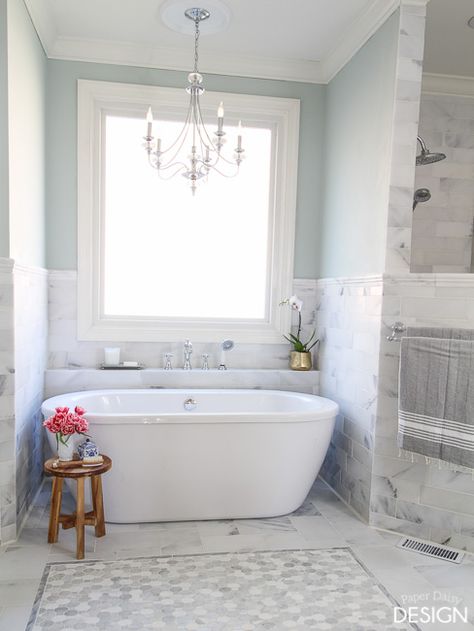 Free standing tub in marble tile master bath from Deeply Southern Home Replace jacuzzi tub with freestanding tub #diy #bathroomrenovation Master Bath Remodel, Herringbone Floor, Bath Room, Bathroom Renos, Traditional Bathroom, House Bathroom, Free Standing Bath, Bathroom Remodel Master, Bath Tub