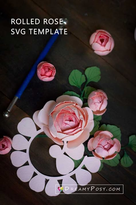 Rolled rose paper flower tutorial and SVG,PDF template Paper Flower Rose Template, Small Paper Flowers Diy Template Free Printable, Cricut Giant Paper Flowers, 3d Flower Paper Craft, Rolled Flower Template, Flowers Template, Paper Rose Template, Rolled Paper Flowers, Rose Paper