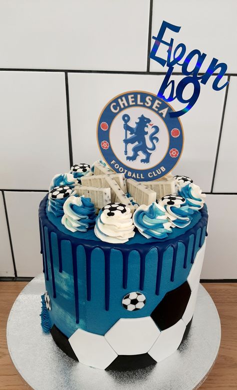 Football Cakes For Men, Tottenham Cake Football, Chelsea Themed Birthday Cake, Chelsea Cake Ideas, Mancity Cake Design, Football Cake Ideas For Men, Football Cake Ideas, Chelsea Cakes For Men, Chelsea Football Cake