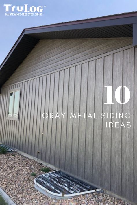 Gray Metal Siding House, Wood Look Metal Siding Exterior, Metal House Siding Ideas Exterior, Charcoal Gray Barndominium Exterior, Barndo Colors, Trulog Siding, House Siding Ideas Exterior, Dark Grey Siding, Metal Siding House