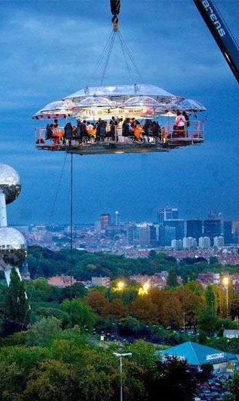 Hanging Restaurant, Belgium 50 meters above ground dining event arranged by a professional event arranger of Benji Fun company. It provides seating for 22 complete with Chef, server, musician and you can select your own location without limitation. Guaranteed safety with the hoisting crane which can accommodate a whole band of musicians Hanging Restaurant, Dinner In The Sky, Kamakura, Greenwich Village, I Want To Travel, Sapporo, Fukuoka, Yokohama, Okinawa