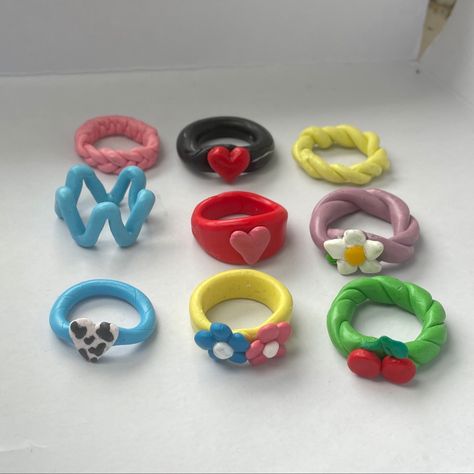 Clay rings cute clay rings y2k aesthetic y2k jewellery fimo rings cheap clay rings Clay Jewelry Rings, How To Make Clay Rings, Fimo Jewelry Ring, Cute Clay Rings, Air Dry Clay Rings Aesthetic, Handmade Rings Clay, Clay Ring Ideas, Cute Clay Rings Aesthetic, Kawaii Clay Rings