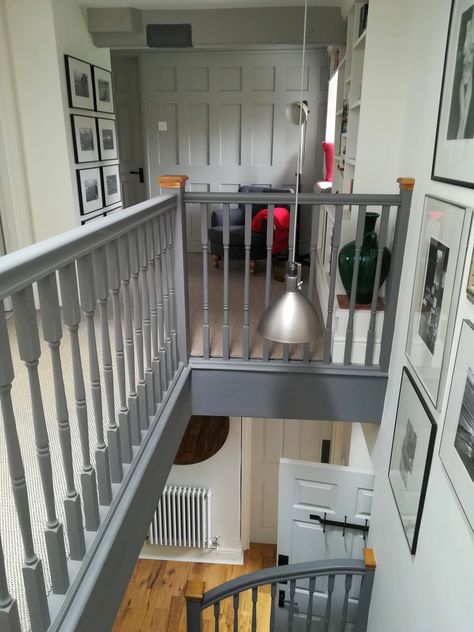 Walls, beams, bespoke book-case, panelling and bannister painted using Little Greene, eco-friendly, Intelligent Matt Emulsion in ‘Linen Wash’, ‘French Grey’ and ‘Dark Lead’. Hand-made, padded grey leather beam head-protectors. Sisal floor covering. Oak treated with Osmo Polyx-oil. Dark Painted Staircase Banisters, Grey Stair Banister Ideas, Coloured Staircase Banisters, Dark Painted Bannister, Grey Banister Staircases, Dark Grey Bannister, Dark Grey Staircase, Grey Bannister, Painted Banister Ideas