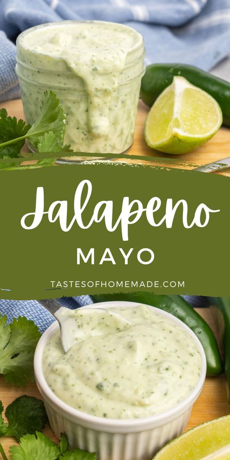 Jalapeno mayo is a delicious condiment with the fresh flavour of jalapeno, cilantro and lime. This spicy mayonnaise works great as a dip, sauce or spread. It can be used to flavour sandwiches or burgers, as a dip for your favourite appetizers, or as a sauce for grilled chicken. The fresh jalapenos add spice balanced by the fresh herbs and lime. Mason Jar Sauces, Cilantro Mayonnaise Recipe, Cilantro Mayo Sauce, Jalapeño Mayo Sauce, Jalapeno Lime Aioli, Jalapeño Lime Ranch, Jalapeno Aioli Recipes, Jalapeno Burger Sauce, Creamy Jalapeño Sauce