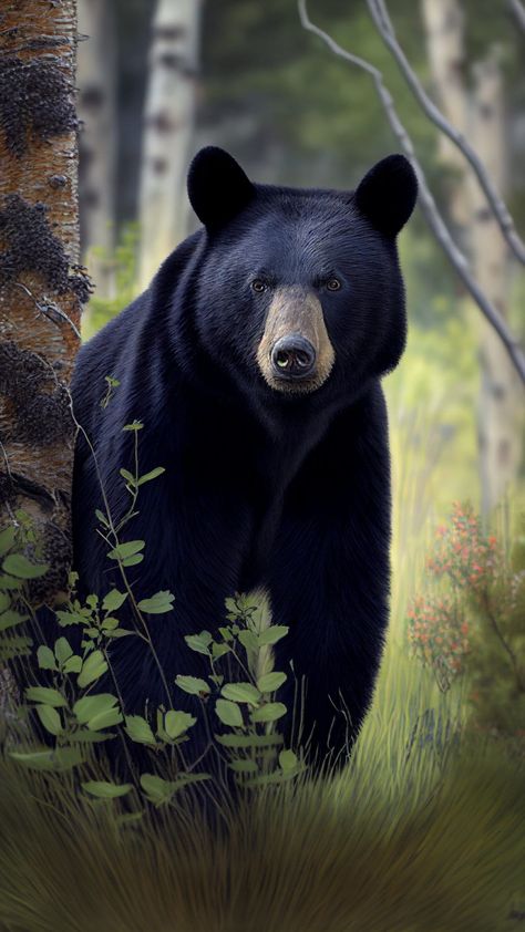 This digital portrait of a black bear sitting in a forest is a beautiful piece of art that is perfect for anyone who loves nature and wildlife. Created using advanced digital techniques, the portrait captures the beauty and majesty of a black bear in its natural habitat, with the lush forest setting providing a stunning backdrop. The details of the black bear's fur, its piercing gaze, and the natural elements of the forest are all captured with exquisite detail, making this portrait a true work Pandas, Christmas Animal Wallpaper, Black Bear Wallpaper, Black Bear Sitting, Grizzly Bear Photography, Black Bear Art, Bear In Forest, Black Bears Art, Bear Portrait