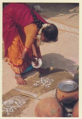 For the Tamil festival of Pongal, when the first of the new crop of rice is offered to the Sun God, Surya, elaborate drawings (kolam) made of rice flour are created in front of village houses. Tamil Nadu, India, 2000 Sun God Surya, Indian Things, State Of Decay, Colonial History, Dutch Colonial, Sun God, Temporary Art, Indian Aesthetic, Indian Decor