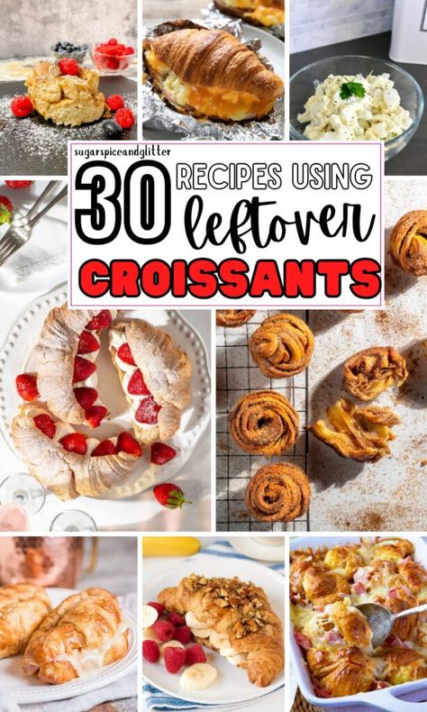 From savory dishes to sweet treats, these 30 Recipes Using Leftover Croissants make the most of croissants' flaky texture and rich flavor, ensuring you can enjoy them in a variety of exciting ways - from Croissant French Toast to Buttery Croissant Turkey Stuffing, Croissant Waffles to Croissant Cookie Bars! Stuff To Make With Croissants, What Can You Make With Croissants, What To Make With Crossiants, Croissant Snack Ideas, Mini Crossaints Recipes, Premade Croissant Recipes, Dinner With Croissants, Recipes Using Croissant Rolls, Uses For Croissants