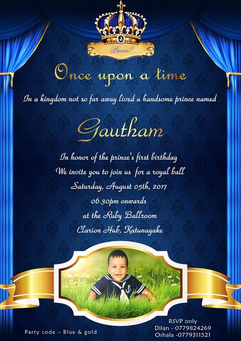 royal prince themed 1st birthday invite Prince Theme Invitation, Royal Prince Birthday Invitation, Royal Birthday Theme, Royal Prince Birthday Theme, Prince Themed Birthday Party, Royal Fiveness, Prince Birthday Invitations, Royal Prince Birthday Party, Sweet First Birthday