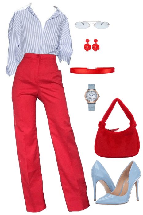 Summer Office Outfits Work Chic Classy, Yellow Work Outfits For Women, Red And Blue Work Outfit, Red Office Outfits Women, What To Wear With Red Trousers, Red White And Blue Work Outfits, Business Casual Friday Outfits For Women, Red Pants Office Outfit, Red Outfit Ideas For Women