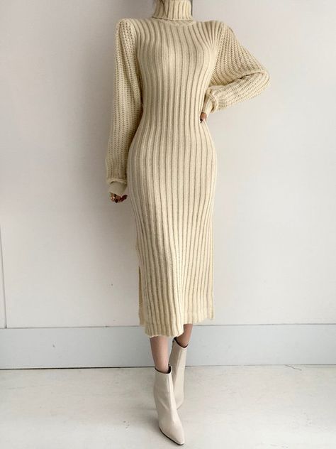 Winter Dresses For Women, Sweater Outfit Ideas, Sweaters Outfit, Long Sweater Dress, Fitted Midi Dress, Stylish Sweaters, Fall Sweater, Sweater Dress Women, Long Sleeve Turtleneck