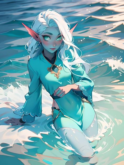 Aquatic Outfit Drawing, Fantasy Aquatic Creatures, Water Genasi Female Character Design, Water Genasi Female Druid, Sea Dragon Oc, Water Elemental Female, Dnd Water Genasi Female, Sea Elf Dnd, Water Genasi Female