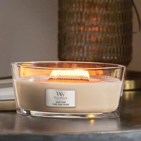 Solar Ylang - Scents of fresh bergamot arranged in a sweet white bouquet of jasmine, tuberose and ylang-ylang. Ending with musk and creamy sandalwood notes. - #woodwicksa #woodwick #ellipsecandle #scentedcandle #candlelovers #homedecor #candlesinsouthafrica #southafrica #hearthwick #cracklesasitburns #sacandles #fragrancedcandles #valentinesgiftideas Candle Wood Wick, Wood Wick Candles, Color Melting, Wick Candle, Soothing Sounds, White Bouquet, New Fragrances, Ylang Ylang, Burning Candle