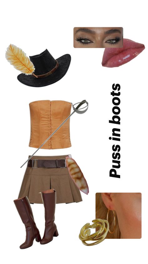 Brown Boots Halloween Costume, 2025 Halloween Costumes, Halloween Suit Costumes, Indiana Jones Costume Women, Pussin Boots Costume, Halloween Costumes With Boots, Brown Costume Ideas, Boots Halloween Costume, Shrek Rave