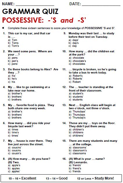 Possessive: 's / s' - All Things Grammar English Grammar Test, Esl Grammar, English Grammar Exercises, Possessive Nouns, Grammar Quiz, English Teaching Materials, Nouns Worksheet, Grammar Exercises, Teaching English Grammar