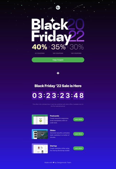 Quality Black Friday Landing Page (and concept) by Designmodo featuring a limited amount of tiered discounts. The discount status is clearly illustrated with a lovely big green button to copy the coupon to your clipboard. Black Friday Website, Black Friday Logo, Black Friday Design, One Page Website, Discount Promotion, Website Inspiration, Create Website, Green Button, Landing Page Design