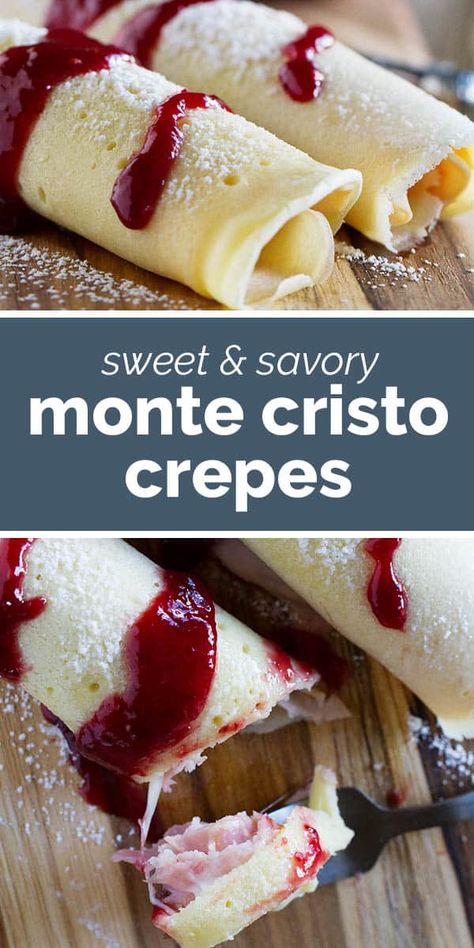 These Monte Cristo Crepes are sweet and savory and perfect for breakfast, brunch or dinner! Tender crepes are filled with cheese, ham and turkey and topped with raspberry jam and powdered sugar. Ham Cheese Crepes, Restaurant Brunch Ideas, Monte Cristo Crepes, Savory Crepe Fillings, Crepes Filling Ideas, Crepe Recipe For Two, Crepe Bar Ideas, Crepe Brunch, Crepe Filling Ideas