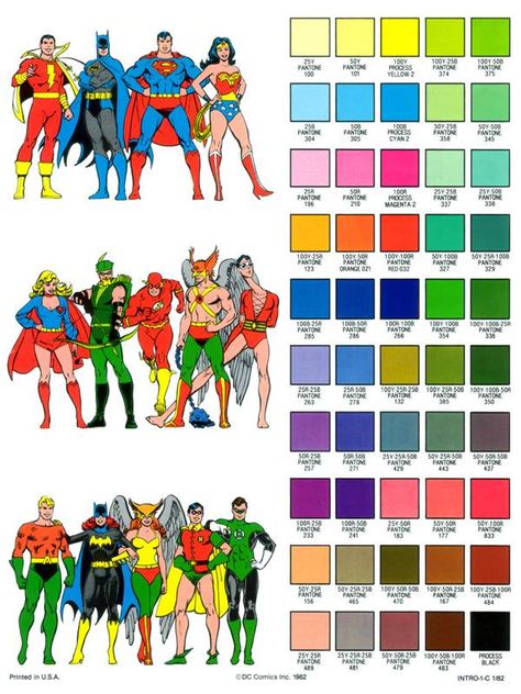 Color Guide from the 1982 DC Comics Style Guide. See the entire guide here: https://www.facebook.com/media/set/?set=a.207954002578217.59091.207950722578545 Mid Century Color Palette, Logo Design Love, Style Guide Design, Mid Century Colors, Milton Glaser, Arte Dc Comics, Dc Comics Superheroes, Old Comics, Batman And Robin