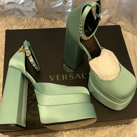 Authentic, Unworn , Unused Versace Platforms In Teal Comes With Box! Box Is A Little Torn The Shoes Have Never Been Worn But Has Areas With Very Light Scuffing. Please See Photos Retails For Over $1475 Plus Tax Teal Color Size 37.5 Or 7.5 And Is True To Size Made In Italy Plus Size High Heels, Versace Platforms, Light Green Heels, Plus Size Aesthetic, Versace Heels, 70s Shoes, Shoes Png, Big Shoes, Pleaser Heels