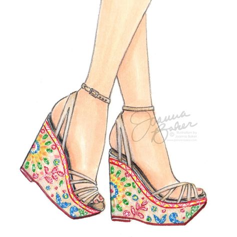 Joanna Baker on Instagram: “Kick up your heels, it’s Friday! 💃Not ready to put the summer sandals away just yet! 👡☀️💦 #TGIF #fashionillustration #shoesketch #heels…” Fashion Illustration Shoes, Charlotte Olympia Shoes, Shoe Sketches, Fashion Figure Drawing, Shoes Illustration, Fashion Illustration Sketches Dresses, Shoes Drawing, Sketches Dresses, Fashion Illustration Sketches