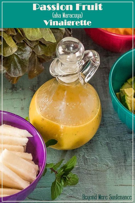 This sweet-tart Passion Fruit Vinaigrette (aka Maracuya Vinaigrette) will brighten up the simplest of salads, but most definitely makes this Avocado Mango Jicama Salad sing! Make this luscious homemade salad dressing with frozen passion fruit pulp and your well-stocked pantry in just minutes! #passionfruitvinaigrette #homemadesaladdressings #tropicalsaladdressings #fruitvinaigrette #glutenfree #dairyfree #vegan #saladdressingrecipe Passion Fruit Dressing, Fruit Vinaigrette, Low Calorie Salad Dressing, Fruit Delight, Hawaii Recipes, Fruit Dressing, Jicama Salad, Stocked Pantry, Homemade Salad Dressing Healthy