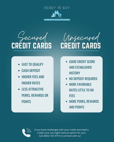 Secured cards require a deposit and are great for building or rebuilding credit, while unsecured cards don't need a deposit and offer more perks. Choose the right one for your financial journey! -  #CreditRepair #MoneyManagement #FinancialEducation #creditrepairservices #money #utilities #debtfree #FinancialEmpowerment #FinancialSuccess #creditscore #CreditComeBack #CreditFix #credit #readytobuycreditsolutions #lasvegas #Vegas Credit Building, Rebuilding Credit, How To Fix Credit, Credit Repair Services, Best Credit Cards, Debt Free, Credit Repair, Financial Education, Credit Score