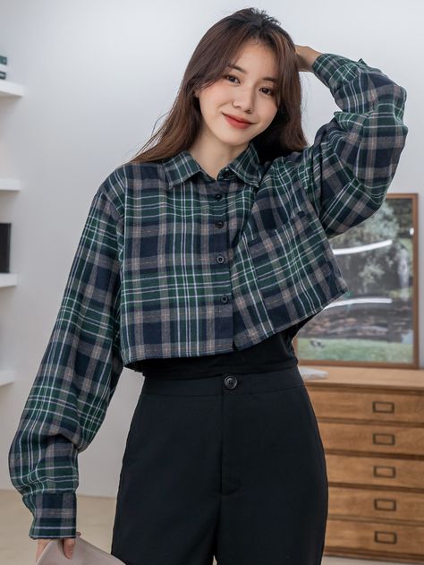 Dark Green Casual  Long Sleeve Cotton Plaid Shirt Embellished Non-Stretch Spring/Fall Women Tops, Blouses & Tee Trousers, Plaid, Crop Shirt, Womens Plaid, Plaid Shirt, Women's Plaid Shirt, Tartan, Collar, Long Sleeve