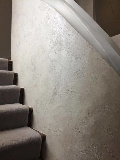 Limestone Finish Wall, Renovated Stairs, Staircase Feature Wall, Polished Plaster Walls, Staircase Feature, Limestone Wash, Plaster Projects, Stairs Modern, Kitchen Feature Wall