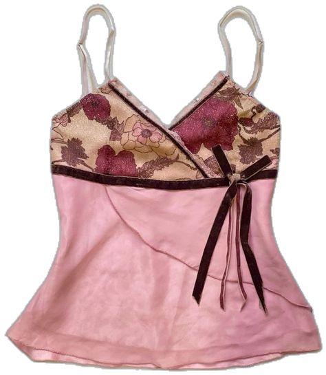 Pink tank top with brown bow and floral print 2000s Fashion Tops, Early 2000s Fashion Pink, Floral Clothes, 90s Blouse, 2000s Tops, Purple Tops, Future Clothes, Dream Clothes, Guangzhou