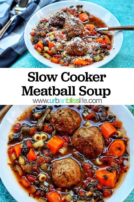 Slow Cooker Meatball Soup is a delicious fall dish that's so easy to make! Simply place all the ingredients into the crockpot and let it do it's thing. Recipe on UrbanBlissLife.com #slowcooker #soup #meatballs #crockpot #recipes #fallrecipes Meatballs Crockpot Recipes, Crockpot Meatball Soup, Meatball Soup Crockpot, Crockpot Meatball, Meatballs Crockpot, Meatball Stew, Meatball Soup Recipes, Meal Train Recipes, Crock Pot Meatballs