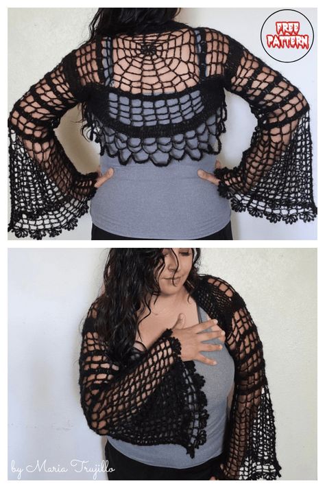 Halloween Cobweb Shrug Free Crochet Pattern Shruggie Crochet Pattern, Free Crochet Patterns Goth, Crochet Gothic Patterns, Punk Crochet Patterns Free, Gothic Crochet Patterns, Gothic Crochet Patterns Free, Goth Crochet Patterns Free, Alt Crochet, Weird Crochet