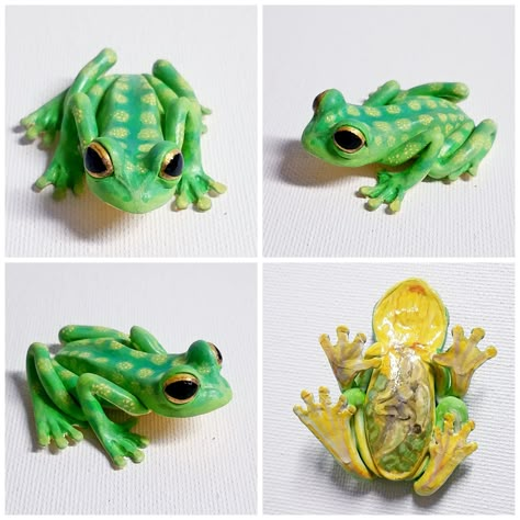 Clay Frog Realistic, Clay Tree Frog, Polymer Clay Frog Tutorial, Polymer Clay Frogs, Sculpy Clay Ideas Easy, Polymer Frog, Ceramics Frog, Clay Frog Tutorial, Frog Clay Sculpture