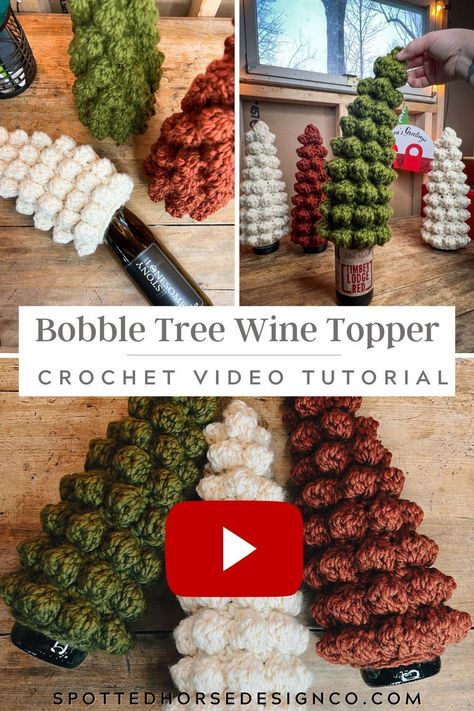 Hello, wonderful crochet community! Today's tutorial is all about adding a festive touch to your gifting and home decor with this adorable Chunky Bobble Christmas Tree Wine Topper pattern. 🍷✨ Whether you're dressing up a bottle of wine for your bestie or covering those olive oil and vinegar bottles on your kitchen counters, these tree toppers are perfect for adding Christmas cheer without the extra clutter. Crochet Wine Bottle Toppers, Crochet Tree Topper, Crochet Wine Bottle Holder, Crochet Wine Bottle Cover, Bobble Christmas Tree, Crochet Bottle Cover, Oil And Vinegar Bottles, Crochet Wine, Quick Christmas Gifts