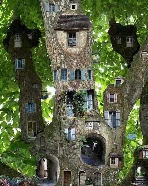 Amazing Tree House Beautiful Tree Houses, Fairy Tree Houses, Cool Tree Houses, Faeries Gardens, Fairy Tree, Gnome House, Fairy Garden Houses, Seni Cat Air, Fairy Doors