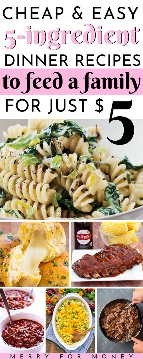 Love 5 dollar dinners? How about 5 ingredient dinner recipes for under $5? Simple, cheap, easy, budget friendly dinner meals to feed a big family. 25 simple meal ideas for you and your family if you don't have a big grocery shopping list. Only 5 ingredients for easy, simple meal planning ideas. -- cheap easy dinners for family, feed your whole family, keep your grocery budget low. cheap and easy meal ideas, crock pot dinners, casserole recipes, feeds 4, #budgetrecipes #cheapmeals #frugalliving 5 Dollar Dinners, Dollar Dinners, Easy Cheap Dinners, Budget Friendly Dinner, 5 Ingredient Dinners, Pot Dinners, Cheap Easy Meals, Easy Budget, Grocery Budget