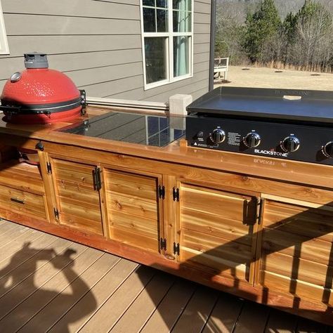 Kamado grill/Blackstone griddle table - RYOBI Nation Projects Fresco, Big Green Egg And Blackstone Table, Diy Blackstone Griddle Surround, Griddle Table, Blackstone Kitchen, Kamado Grill Table, Big Green Egg Table, Grilling Area, Grill Stand