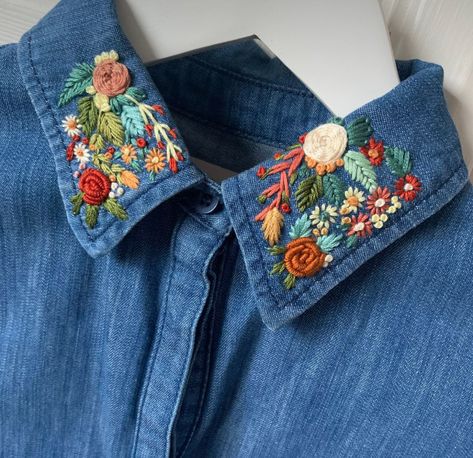 Hand Embroidered Collar, Shirts Embroidery Design, Embroidered Denim Shirt Outfit, Collar Shirt Embroidery, Denim Shirt Design, Jean Shirt Embroidery, Embroidered Flowers On Shirt, Shirt Hand Embroidery Design, Button Down Shirt Embroidery