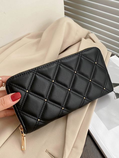 Black    PU Leather  Long Wallet Embellished   Women Bags Cute Wallet Aesthetic, Kacamata Fashion, Teachers Day Gifts, Quilted Wallet, Work Gifts, Checkbook Cover, Black Wallet, Wallet Fashion, Womens Purses