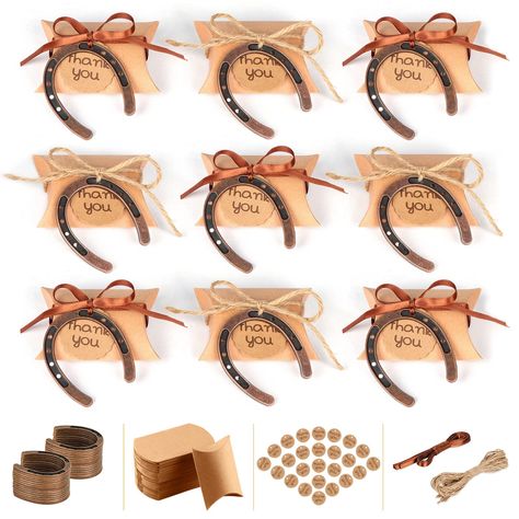 PRICES MAY VARY. Iron Value Pack: You will get 20Pcs mini horseshoes for crafts(3" x 2.5"), 20Pcs Kraft Pillow Candy Boxes (3.5" x 2.75"), 20Pcs Thank You Tags, 20Pcs Natural Jute Twine for Hanging, and 20Pcs Ribbons. Bronze finishes create a vintage look, making it the perfect rustic wedding favor and western party favor. Lucky Meaning: Since ancient times, the horseshoe has been a symbol of luck in many countries. It's your big day, make it lucky and special with this lucky horseshoes decorati Horseshoe Wedding Favors, Farm Wedding Favors, Rustic Wedding Favors For Guests, Western Wedding Favors, Country Fall Wedding, Cowgirl Decorations, Cowboy Party Favors, Kentucky Derby Decorations, Horse Party Favors