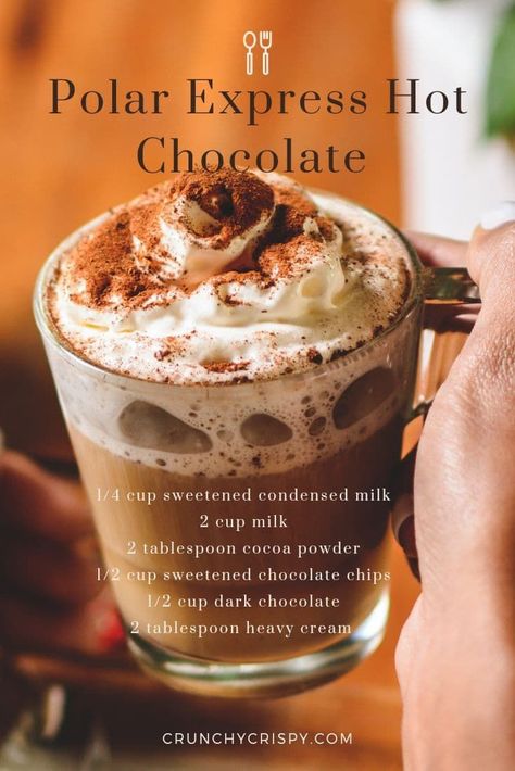 Creamy Polar express hot Chocolate Polar Express Hot Chocolate Recipe, Polar Express Hot Chocolate, Hot Drinks Recipes, Hot Cocoa Recipe, Chocolate Drink, Hot Chocolate Drinks, Cocoa Recipes, Hot Chocolate Recipe, Christmas Hot Chocolate