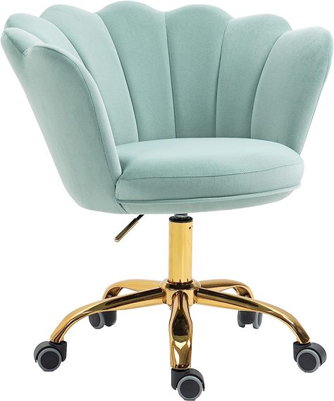 ZOBIDO Comfy Home Office Task Chair with Wheels, Cute Modern Upholstered Velvet Seashell Back Adjustable Swivel Vanity Desk Chair, for Women, for Kids, for Girls, Living Room, Bedroom（SAGE Green） *affiliate link* Comfy Home Office, Golden Chair, Comfy Home, Living Room Classic, Curved Chair, Coastal House, Fabric Accent Chair, Unique Chair, Bedroom Idea