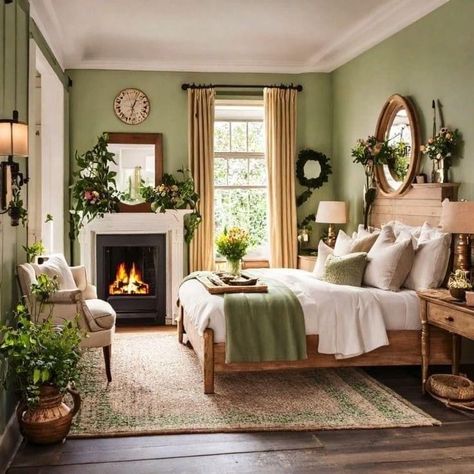 Green Bedroom With Fireplace, Cottage Aesthetic Interior Living Room, Organic Vintage Bedroom, Bedroom With Corner Fireplace, Green Cottage Bedroom Ideas, Cottage Inside Interiors, Cottage Bedroom Green, Vintage Green Bedroom Ideas, Cottagecore Guest Bedroom