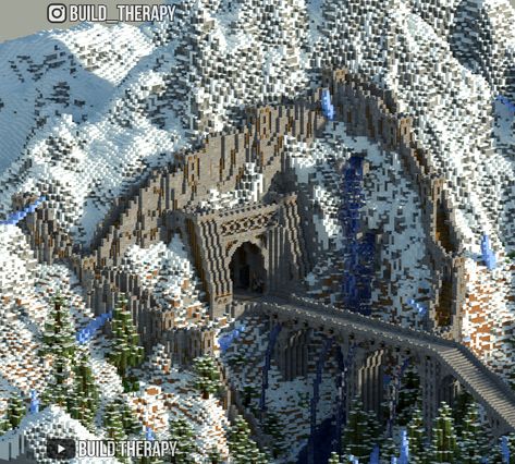 Dwarven Base Minecraft, Minecraft Mountain Castle Blueprints, Extreme Minecraft Builds, Minecraft Valley Base, Minecraft Mountain Side Base, Mountain Build Minecraft, Minecraft Building Ideas Mountain House, Minecraft Mountain Waterfall, Minecraft Dwarven Forge