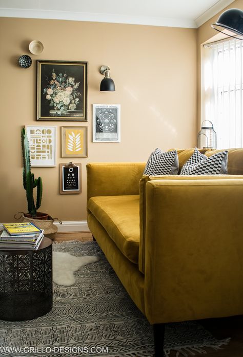 How to care for a velvet sofa when you have young children #velvetsofa #yellowsofa Room Wall Colors, Yellow Sofa, Yellow Living Room, Sweet Art, Yellow Walls, Beautiful Living Rooms, Velvet Sofa, Furniture Arrangement, Living Room Sofa