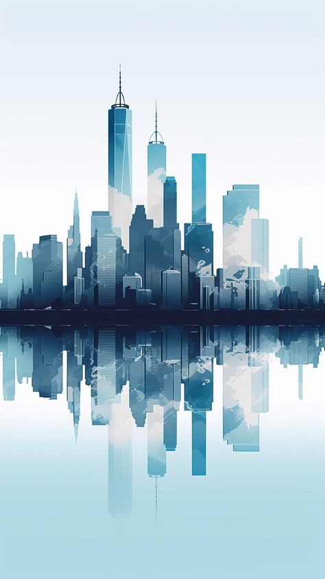 Blue Minimalist Aesthetic New York City Skyline Wallpaper for Android and iPhone Watercolor Nyc Skyline, New York City Silhouette, New York Skyline Art, Architecture Background Wallpaper, City Background Aesthetic, White And Blue Aesthetic Wallpaper, New York City Skyline Wallpaper, Architecture Wallpaper Iphone, Blue City Background