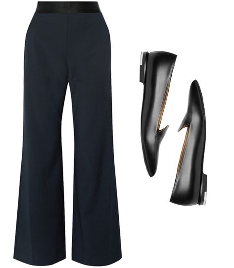 Perfect Pairings: 7 Ways to Style Wide-Leg Pants With Flats - Structure + Polish from InStyle.com Wide Leg Trousers With Flats, Flats With Dress Pants, Pants With Flats Outfit, Flats With Wide Leg Pants, Wide Leg Trousers Shoes, What Shoes To Wear With Dress Pants, Wide Leg Pants With Flats, Black Wide Legged Pants Outfit, Black Wide Leg Trousers Outfit Classy