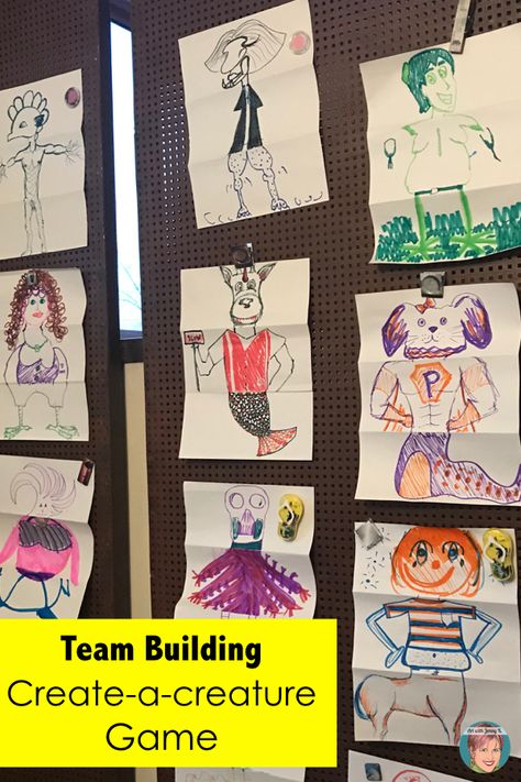 Team building activity for adults - create-a-creature drawing game. Group Games For Adults, Team Building Activities For Adults, Art Games For Kids, Small Group Games, Building Games For Kids, Art With Jenny K, Activity For Adults, Fun Team Building Activities, Team Building Activity